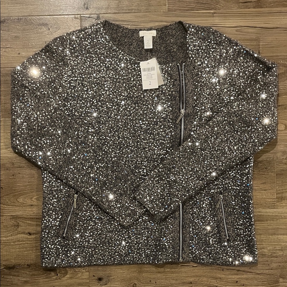 Chico's Sage Silver Sequin Asymmetrical Zipper Cardigan Sweater Blue Combo